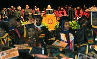 Bethune-Cookman students turn their backs on Education Secretary Betsy DeVos Wednesday at Ocean Center in Daytona Beach, Fla. (David Tucker/Daytona Beach News-Journal)